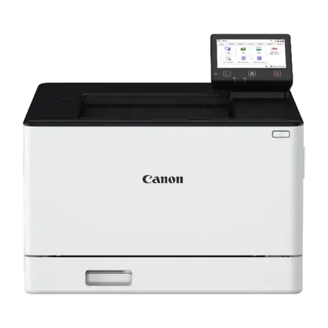 Front view of a Canon office copier with a touchscreen